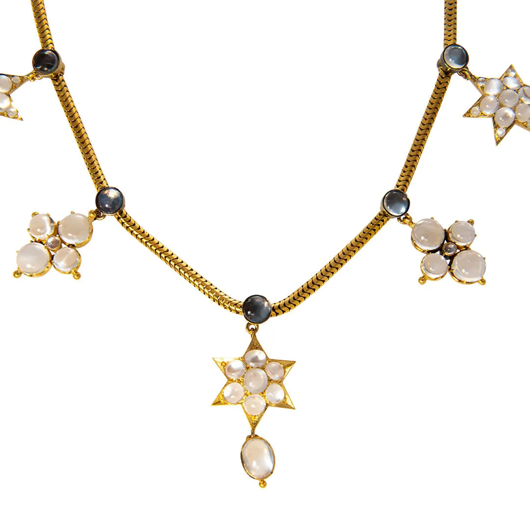 Victorian 50ctw Moonstone Cluster Drop Station Collar Necklace Croghans