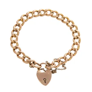 Victorian 9K Gold Heart Padlock Repouss Curb Link Bracelet
