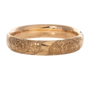 Vintage Engraved Repouss Floral Pattern Gold-Filled Bangle